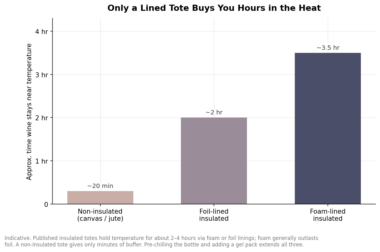 Bar chart comparing how long non-insulated, foil-lined, and foam-lined wine totes keep wine near temperature